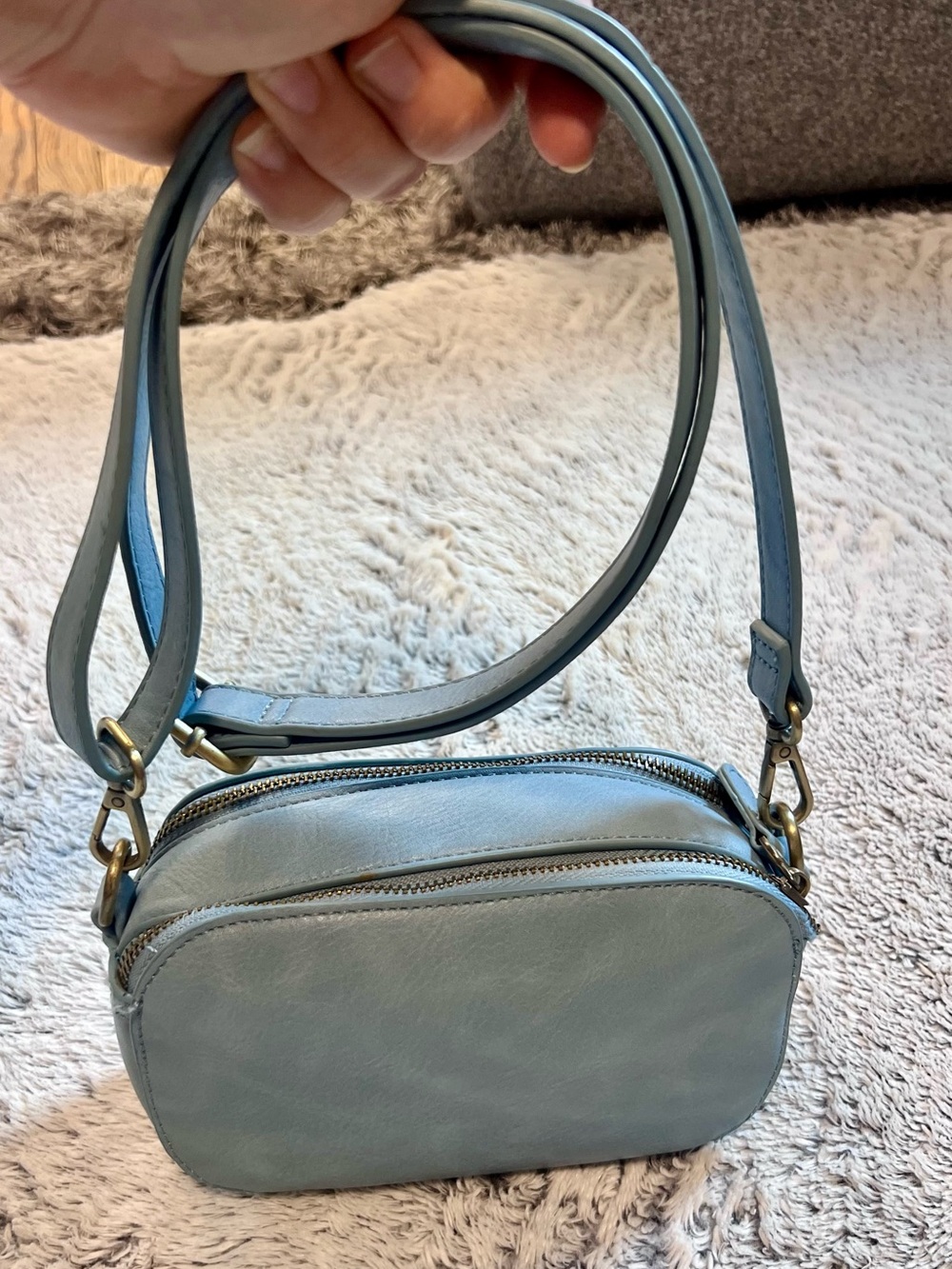 Joy Susan Light Blue Leather Crossbody Bag with Dual Zippers